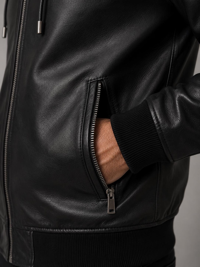 Close-up of leather jacket pocket and zipper detail on black hooded jacket