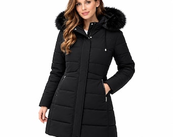 Women's Black Puffer Jacket, Hooded Faux Fur Winter Coat, Long Quilted Parka