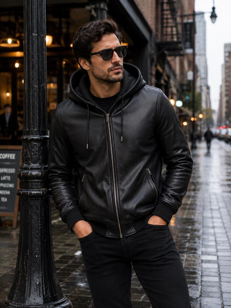 Man wearing a black genuine leather hooded jacket with front zipper
