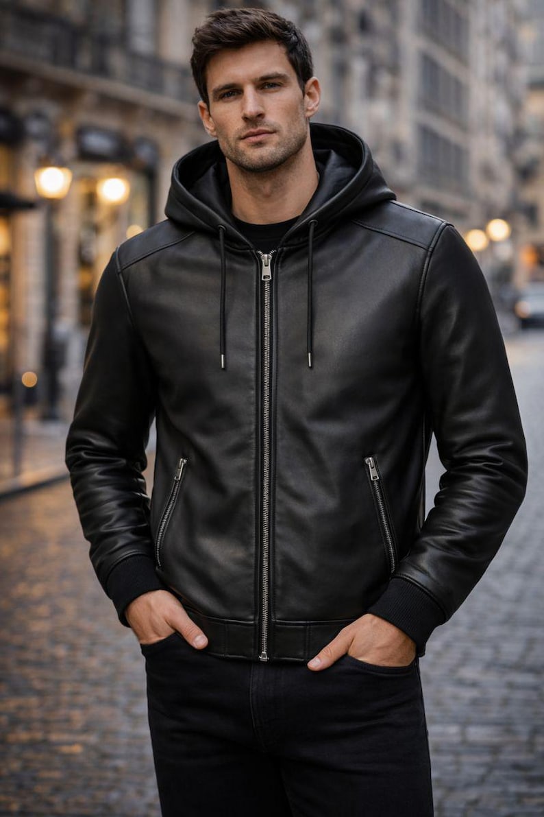 Front view of men's black genuine leather hooded jacket with zip closure