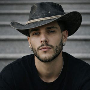 May include: A weathered black cowboy hat with a rope band. The hat is worn, with visible wear and tear. The hat is a classic Western style, suitable for outdoor activities or fashion.