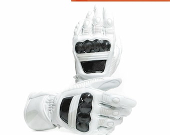 Guantes de motociclismo de cuero blanco hechos a mano: guantes de motociclista de piel de vaca auténtica con protección para los nudillos.