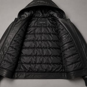 Inside view of black leather jacket showing soft inner lining and construction