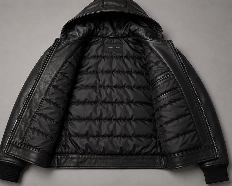 Inside view of black leather jacket showing soft inner lining and construction