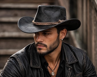 Black Leather Cowboy Hat, Handmade Cowhide Western Hat, Rancher for Men