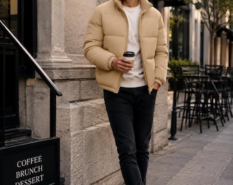 Men's Beige Puffer Jacket, Lightweight Quilted Winter Coat, Zip Up Bubble Jacket, Casual Streetwear