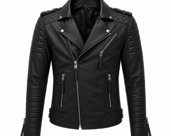Chaqueta de motociclista de cuero negro para hombre / Chaqueta de moto de piel de vaca auténtica hecha a mano / Abrigo de moto de corte ajustado