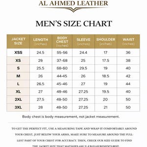 Men's black leather jacket size chart showing XS through 3XL measurements