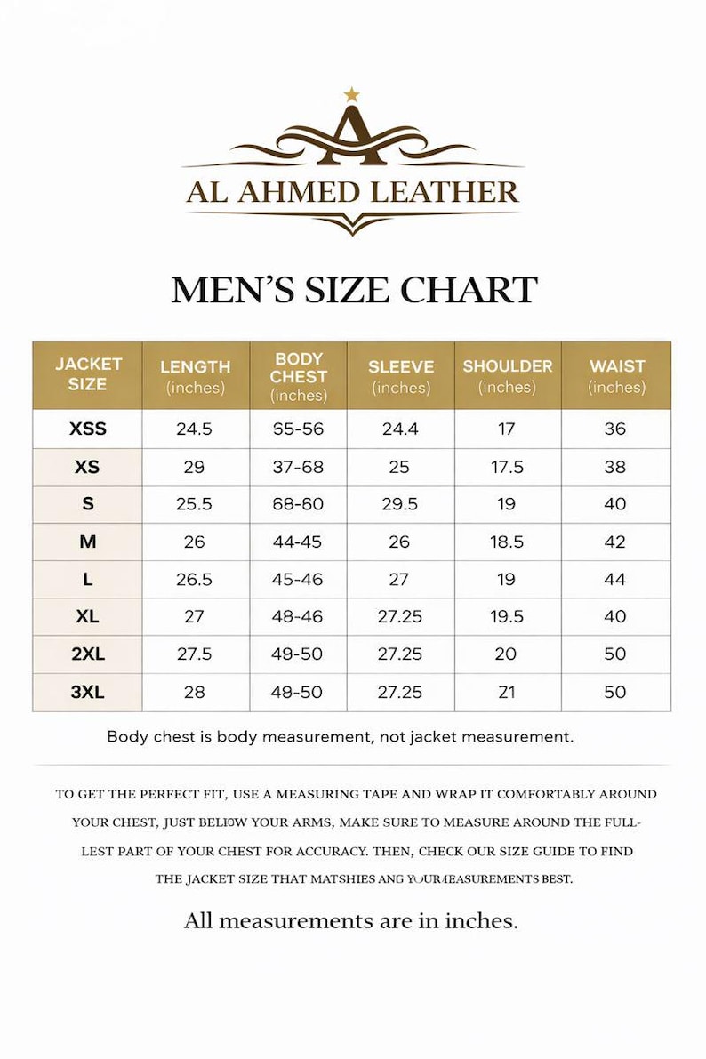 Men's black leather jacket size chart showing XS through 3XL measurements