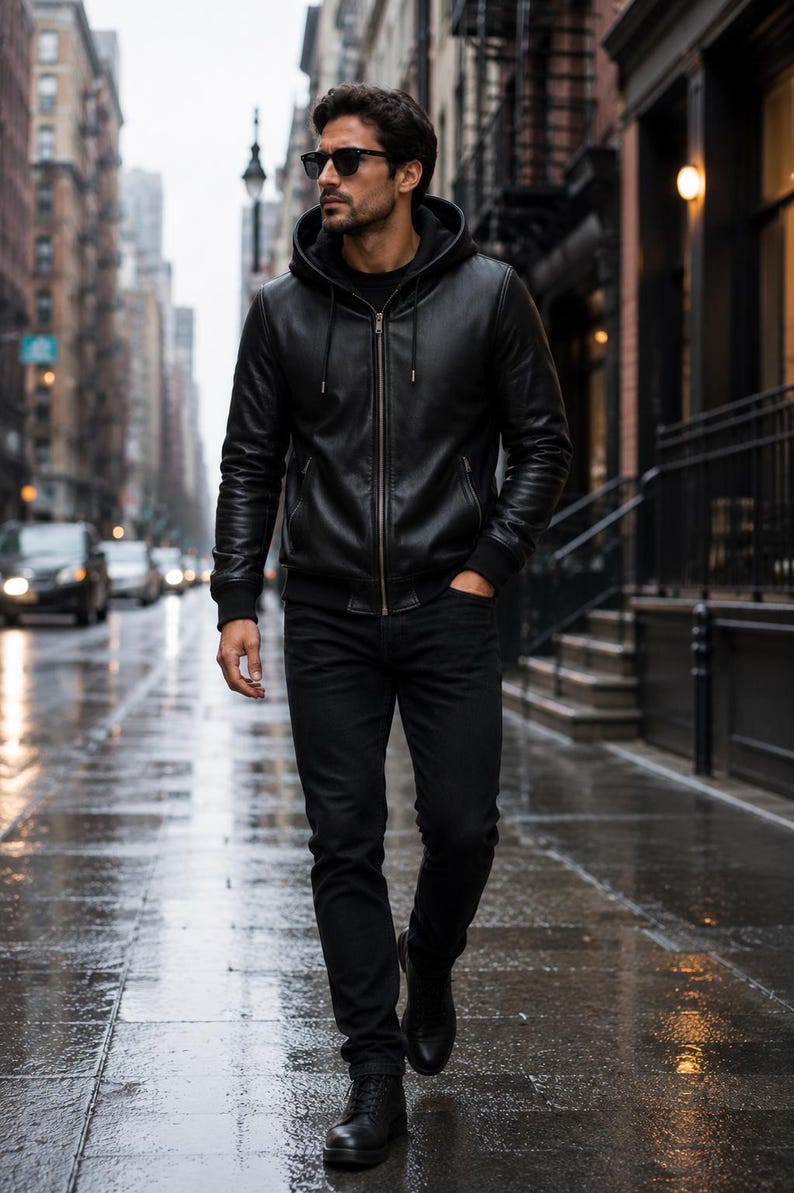 Man wearing a black leather hooded jacket in a casual urban setting