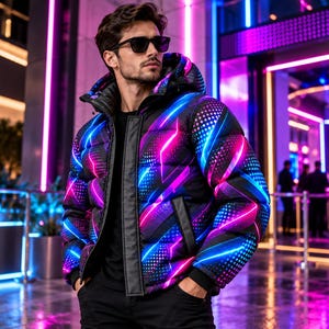 Op de afbeelding: Een zwarte donsjas met een levendig neonpatroon van gloeiende roze en blauwe diagonale lijnen en gestippelde texturen. De jas is voorzien van een hoge kraag, een capuchon en een effen zwarte sluiting aan de voorzijde met een ritssluiting.