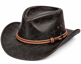 Zwarte leren cowboyhoed, handgemaakte runderleren rancherhoed voor mannen, westernhoed met brede rand.