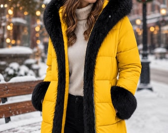 May include: A bright yellow winter coat with black faux fur trim around the hood, cuffs, and down the front. The coat is worn with a beige knit hat and a cream-colored turtleneck sweater. The background shows a snowy outdoor scene.