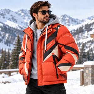 Puede incluir: Una chaqueta acolchada de color naranja brillante con un patrón geométrico en negro y beige, una sudadera con capucha gris debajo, cierre de cremallera frontal y cordones blancos. La chaqueta tiene mangas largas con puños acanalados y bolsillos laterales.