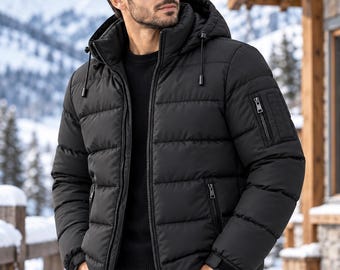 May include: A black puffer jacket featuring a hood with adjustable drawstrings, a full-length front zipper, and two zippered side pockets. The jacket includes a small zippered utility pocket on the left sleeve and adjustable cuffs with hook-and-loop closures.