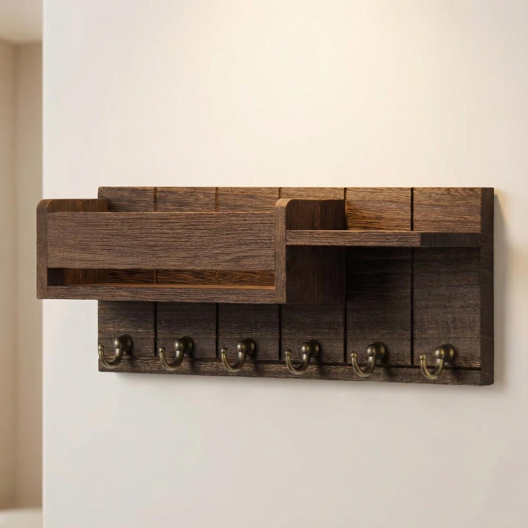 Rustic Wood Key Holder With Shelf | Entryway Organizer - Etsy