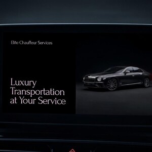 May include: A car's dashboard screen displays the text "Elite Chauffeur Services" and "Luxury Transportation at Your Service." A black luxury car is shown on the screen against a dark background.