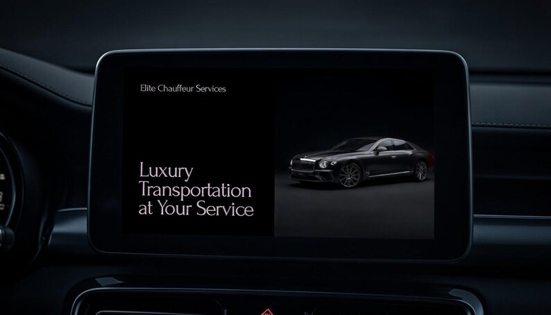 May include: A car's dashboard screen displays the text "Elite Chauffeur Services" and "Luxury Transportation at Your Service." A black luxury car is shown on the screen against a dark background.