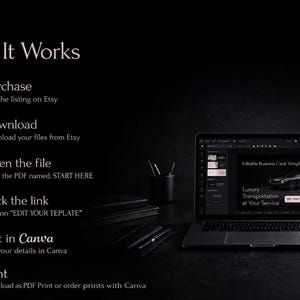May include: A laptop displays a business card template with a luxury transportation theme. The image shows the steps: Purchase, Download, Open the file, Click the link, Edit in Canva, and Print. The background is dark.