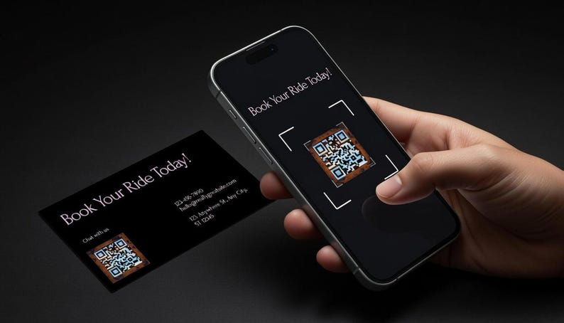 May include: A smartphone displaying a QR code, with the text "Book Your Ride Today!" on the screen. A business card with the same text and a QR code is next to the phone. The background is black.
