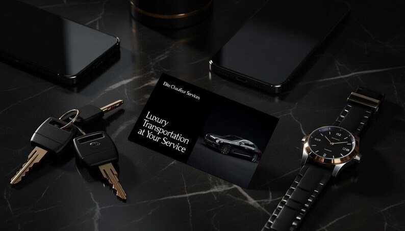 May include: A black and gold wristwatch, two smartphones, a set of keys, and a business card with the text "Luxury Transportation at Your Service" are arranged on a dark, marble-like surface. The business card features a car image.