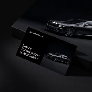 May include: A black luxury car is featured in a dark setting, with a business card that reads "Luxury Transportation at Your Service." The card also displays a smaller image of the car. The scene is lit with dramatic lighting.
