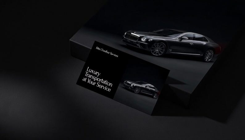 May include: A black luxury car is featured in a dark setting, with a business card that reads "Luxury Transportation at Your Service." The card also displays a smaller image of the car. The scene is lit with dramatic lighting.