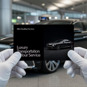 May include: A business card held by gloved hands, advertising "Elite Chauffeur Services." The card features a black luxury car and the text "Luxury Transportation Your Service."