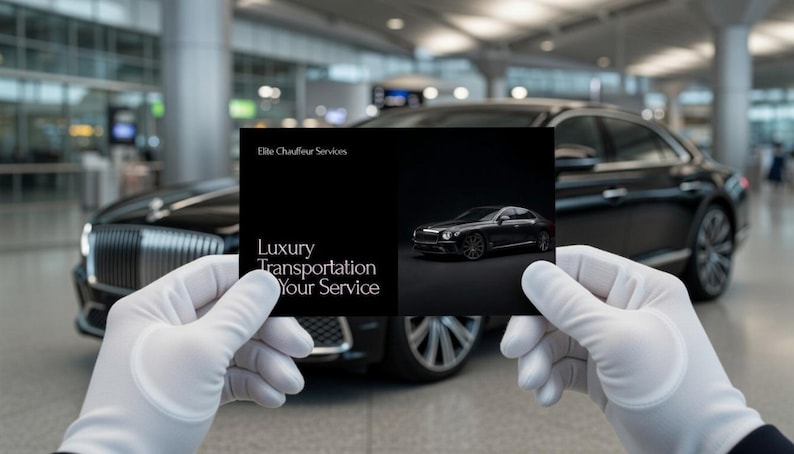 May include: A business card held by gloved hands, advertising "Elite Chauffeur Services." The card features a black luxury car and the text "Luxury Transportation Your Service."
