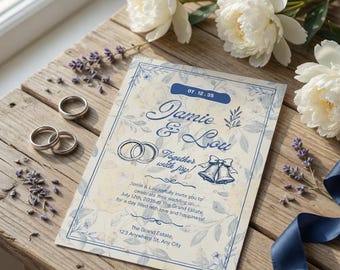Editable Navy Blue Floral Wedding Invitation Canva Template | Classic American Style | Instant Download | Digital Wedding Invite