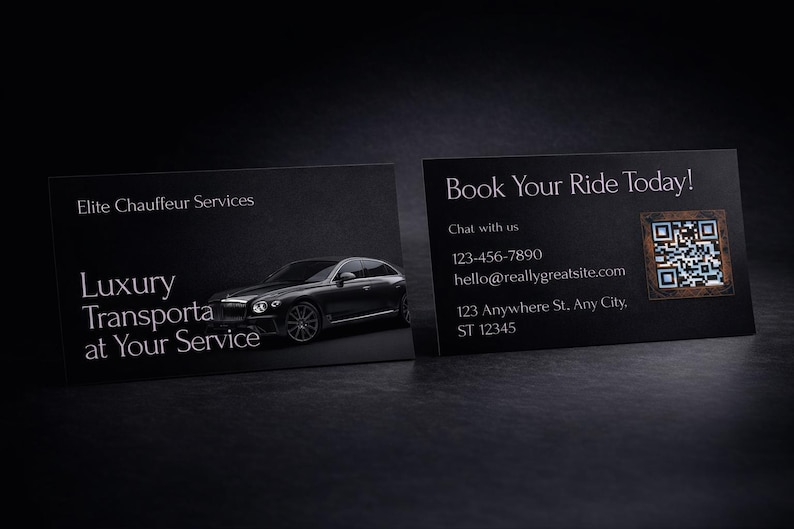 May include: Two black business cards with white text. One card reads "Elite Chauffeur Services" and "Luxury Transporta at Your Service" with a car image. The other card says "Book Your Ride Today!" with contact info and a QR code.