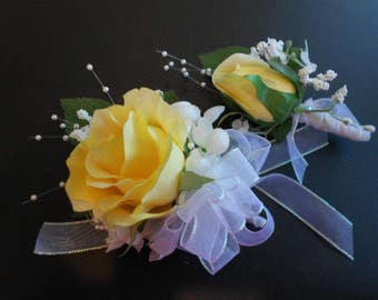 2 pc. set:YELLOW ROSE Corsage + Boutonniere. Wrist corsage or pin-on. Florist Quality Silk Flowers for Prom Wedding Daddy Daughter Dance