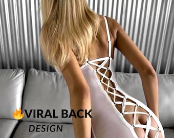 Doorschijnende mini-jurk met veters aan de achterkant, lingeriejurk met open achterkant, sexy nachthemd van mesh, doorzichtige bodycon-jurk, zomerjurken