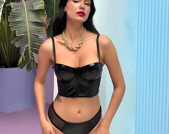 Black Leather Look Bustier Lingerie Set, Sexy Corset Style Bra and Panty Set, PVC Lingerie, Strappy Fetish Inspired Outfit, Women
