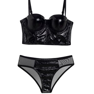 Luxury black bustier lingerie set isolated on white background, shiny woven leather bustier top with underwire support and sheer mesh panties, black lingerie matching set, sexy women lingerie gift