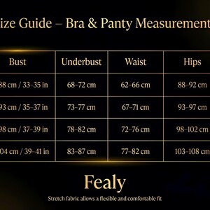 Op de afbeelding: Maattabel voor bh- en slipmaten, met bh-maten van 34 tot 40. Borstmaten vari&euml;ren van 84-104 cm, taille van 62-76 cm en heupen van 88-108 cm. Stringmaten zijn US 2-10. Het merk is Fealy.