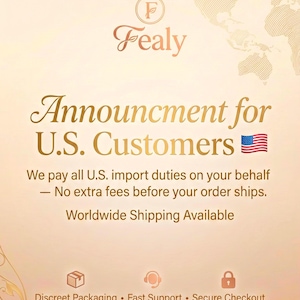 Op de afbeelding: Een promotionele afbeelding met het Fealy-logo en tekst. De tekst luidt "Aankondiging voor Amerikaanse klanten" met een Amerikaanse vlag. Aanvullende tekst luidt: "Wij betalen alle Amerikaanse invoerrechten namens u - Geen extra kosten voordat uw bestelling wordt verzonden."