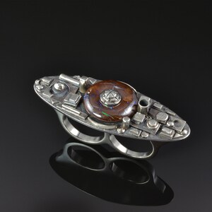 ◆STONEHENgE◆ Polaris 14K Chain Ring SA24A31B Warren Horizontal Atlantic Blue Topaz Ring in 14k Gold