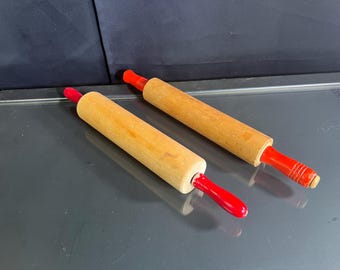 1950s Wood Rolling Pins with Red Wood Handles---Vintage Baking Tools---Farmhouse Kitchen---Country Decor---Midcentury Housewares