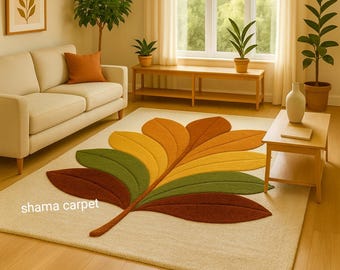Handgefertigter Wollblattteppich, Moderner Botanischer Tufted Teppich, Erdfarbener Wohnzimmerteppich, Weiches Flor-Natur-Design