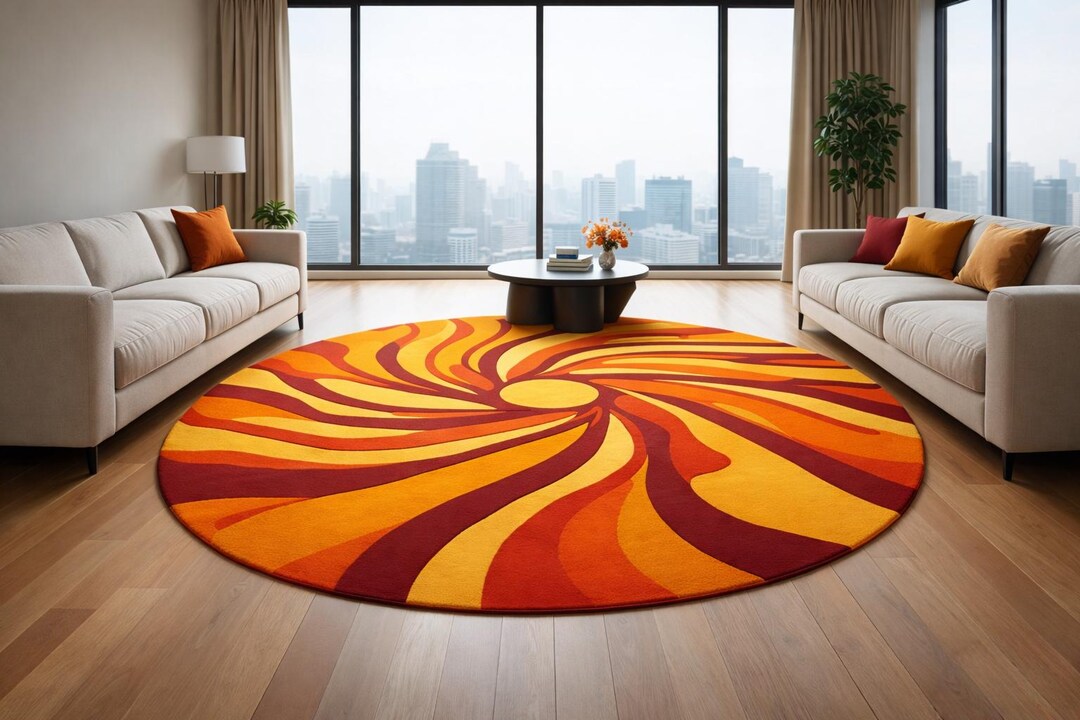Handmade Round Wool Rug – Sunset Spiral Abstract Tufted Carpet in ...