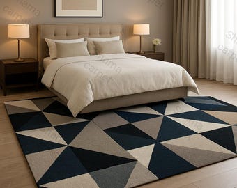 Hand-Tufted Geometric Area Rug | Navy Beige Triangle Carpet