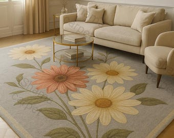 Floral Daisy Area Rug – Soft Hand-Tufted Pastel Bloom Carpet, Modern Botanical Living Room Rug, Beige & Grey Flower Design