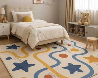 Handmade Plush Kids Rug – Cream Star & Curve Pattern, Playroom Decor