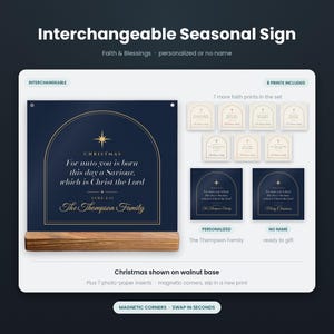 May include: An interchangeable seasonal sign featuring a dark blue rectangular print with gold arch graphics, a star, and the text For unto you is born this day a Saviour, which is Christ the Lord. It sits on a rectangular walnut wood base.