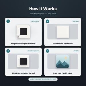 May include: An instructional graphic titled How It Works showing a 4-step wall-mount process for a Plexi Print. Steps include attaching a magnetic block, sticking a leaf to the wall, applying a magnetic base, and snapping the print on.