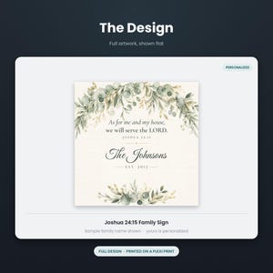 May include: A square sign featuring a watercolor eucalyptus wreath at the top and bottom. The text reads: As for me and my house, we will serve the LORD. JOSHUA 24:15, The Johnsons, EST. 2012. The design is printed on a white background with dark text.