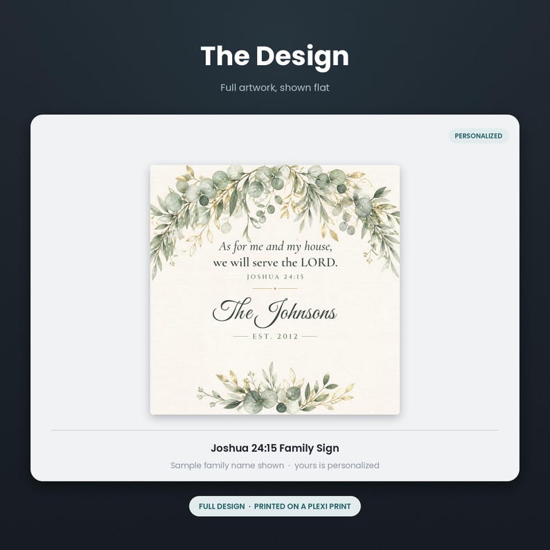 May include: A square sign featuring a watercolor eucalyptus wreath at the top and bottom. The text reads: As for me and my house, we will serve the LORD. JOSHUA 24:15, The Johnsons, EST. 2012. The design is printed on a white background with dark text.
