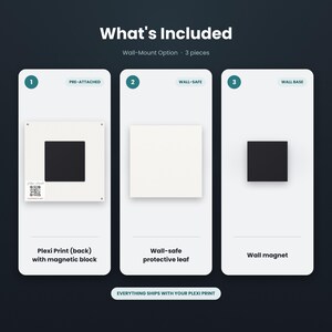 K&ouml;nnte beinhalten: Ein dreiteiliges Wandmontage-Set bestehend aus einem wei&szlig;en Plexi-Druck mit vormontiertem Magnetblock und QR-Code, einem wei&szlig;en, wandfreundlichen Schutzblatt und einem schwarzen Wandmagneten. Text: What's Included, Wall-Mount Option, 3 pieces.