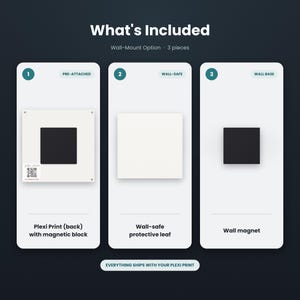 May include: A three-piece wall-mount kit including a white square plexi print with a pre-attached black magnetic block and QR code, a white square wall-safe protective leaf, and a black square wall magnet, labeled with text What's Included.